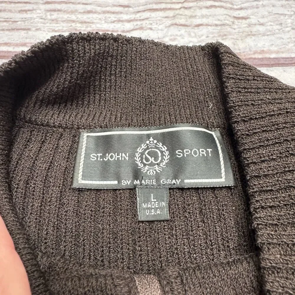St John Sport by Marie Gray Ribbed Mock Neck Sweater Brown 1/4 Zip Size Large